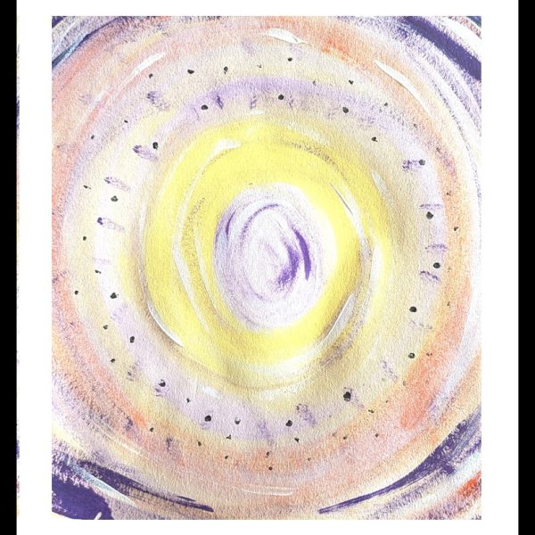 Concentric circles abstract artwork in soft lilac, coral and lemon