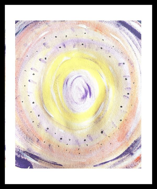 Concentric circles abstract artwork in soft lilac, coral and lemon