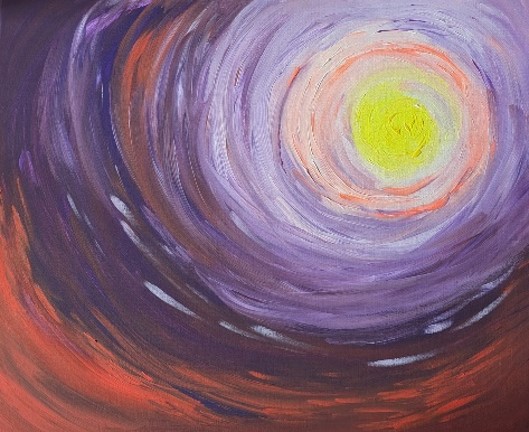 Swirling brushstrokes in deep purple and vibrant oranges acrylic artwork