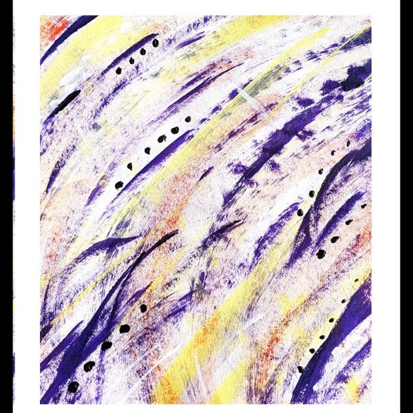 Abstract artwork in violet with pale yellow and coral