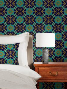 Luxury Art Deco style wallpaper with peacock motif in bedroom setting