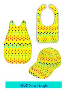 Child and baby items mocked up with starry yellow pattern
