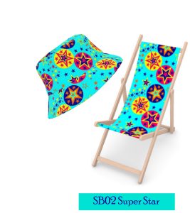Starry pattern on turquoise background hat and deckchair