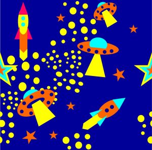Stars, Starships and Rockets against deep blue background