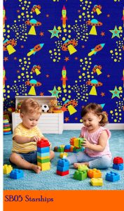 Bold primary colours in this rocket and starship pattern