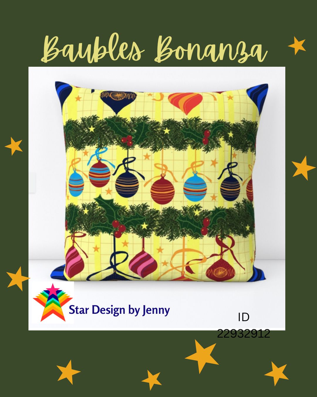A cushion with festive bauble design for Spoonflower challenge